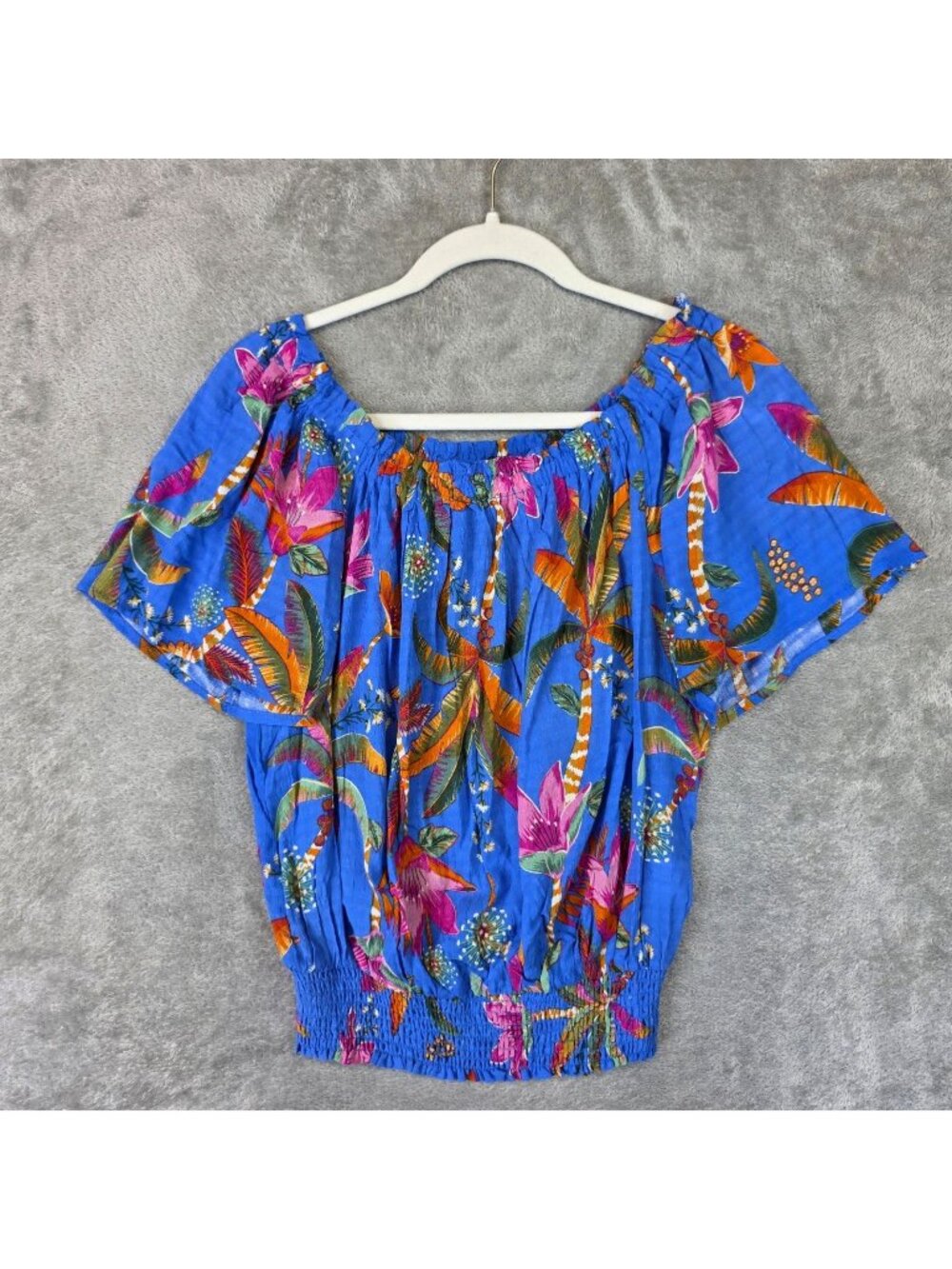 Rachel Rachel Roy Blouse Womens XL Blue Off Shoulder Flutter Sleeve Tropical